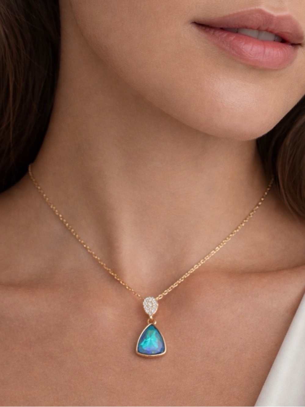 Gold Teardrop Swarovski with Blue Opal Pendant Necklace